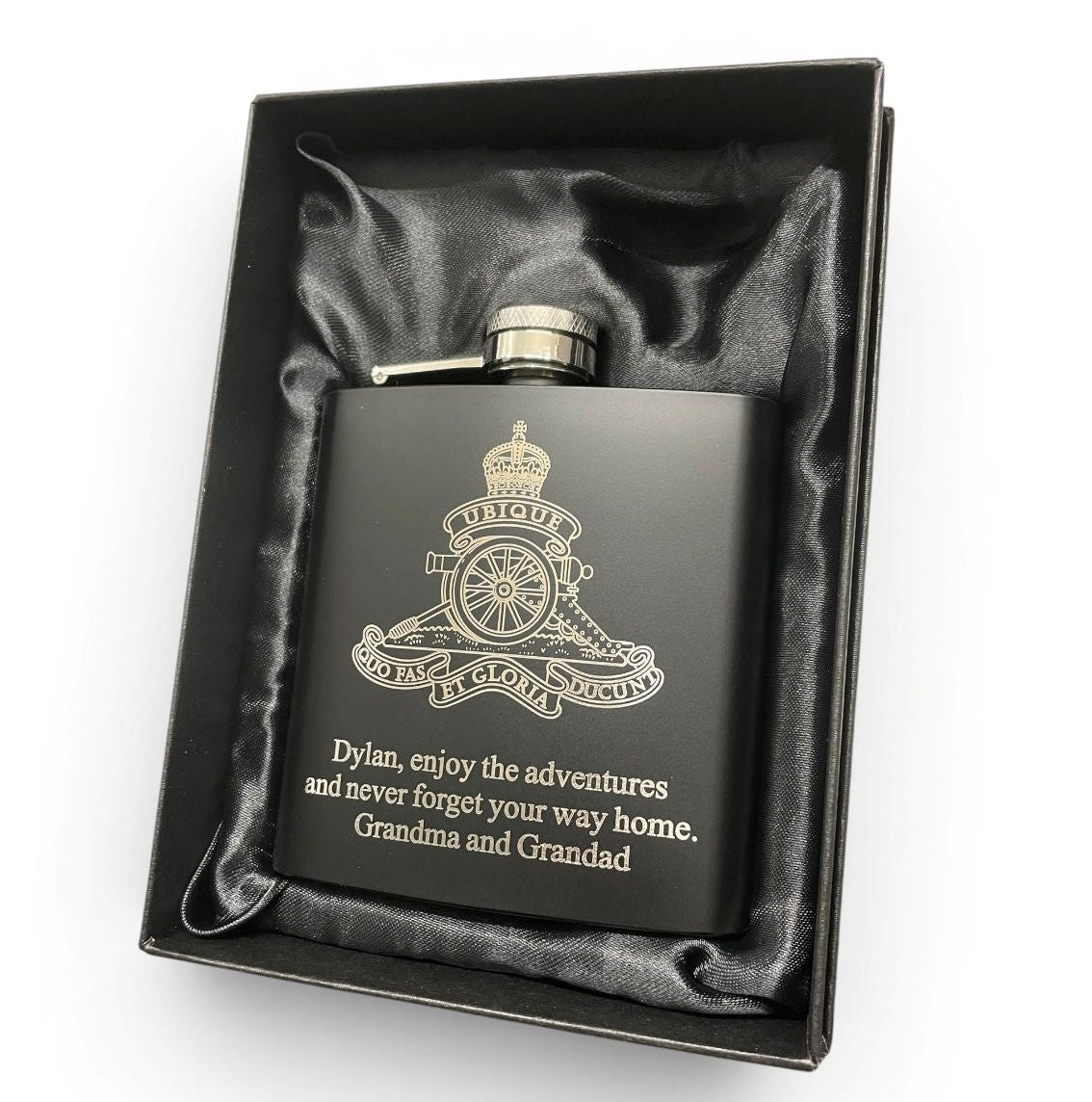 Royal Artillery engraved hip flask and gifts.