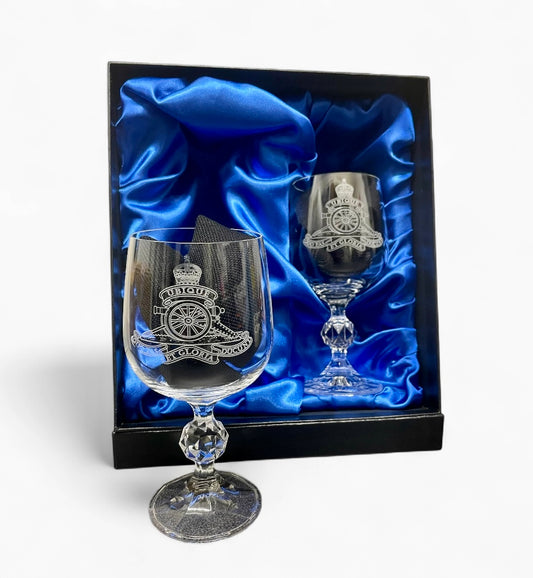 Royal Artillery engraved port and wine glasses.