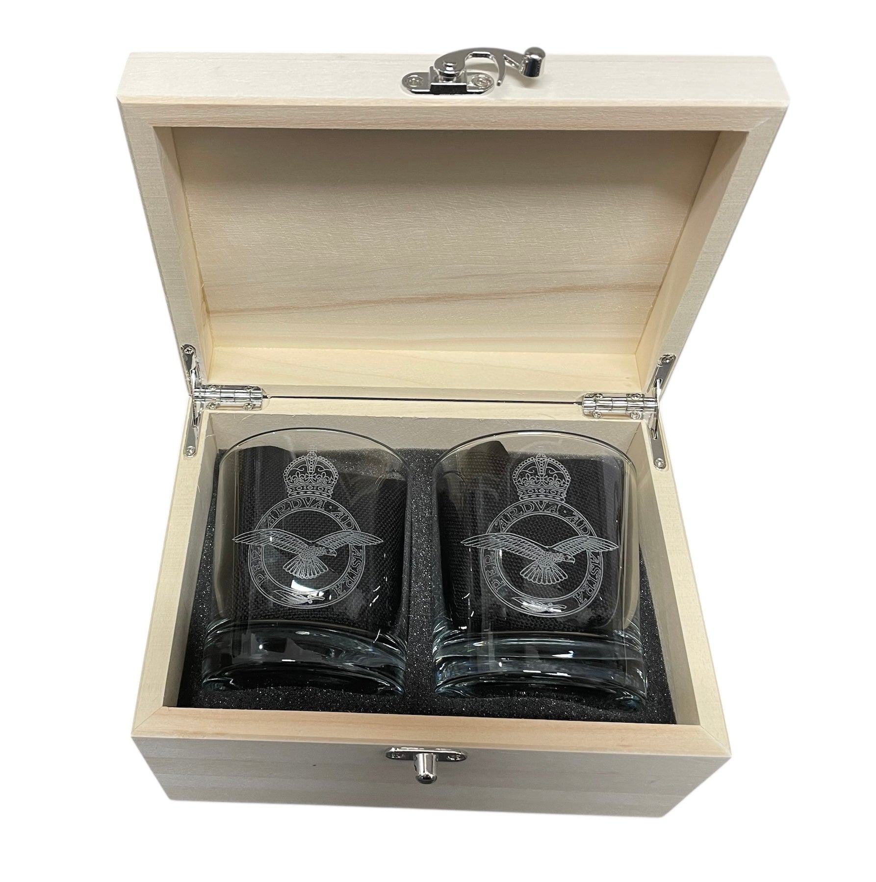Twin RAF engraved glasses in a wooden box with RAF crest.