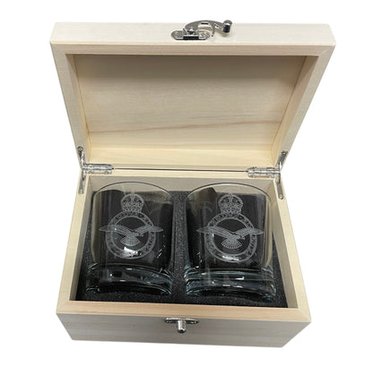 Twin RAF engraved glasses in a wooden box with RAF crest.