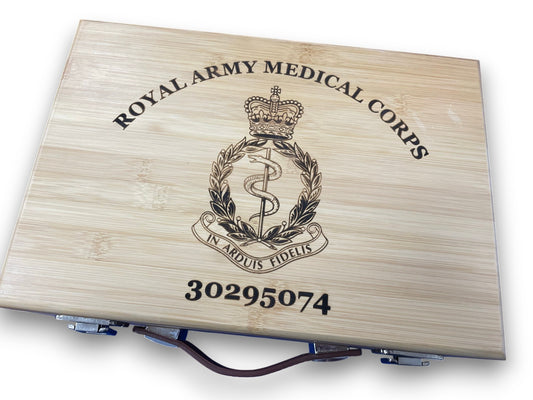 RAMC engraved personalised medal and memorabila storage box.