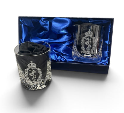 Twin set of RAMS crystal whisky glasses.