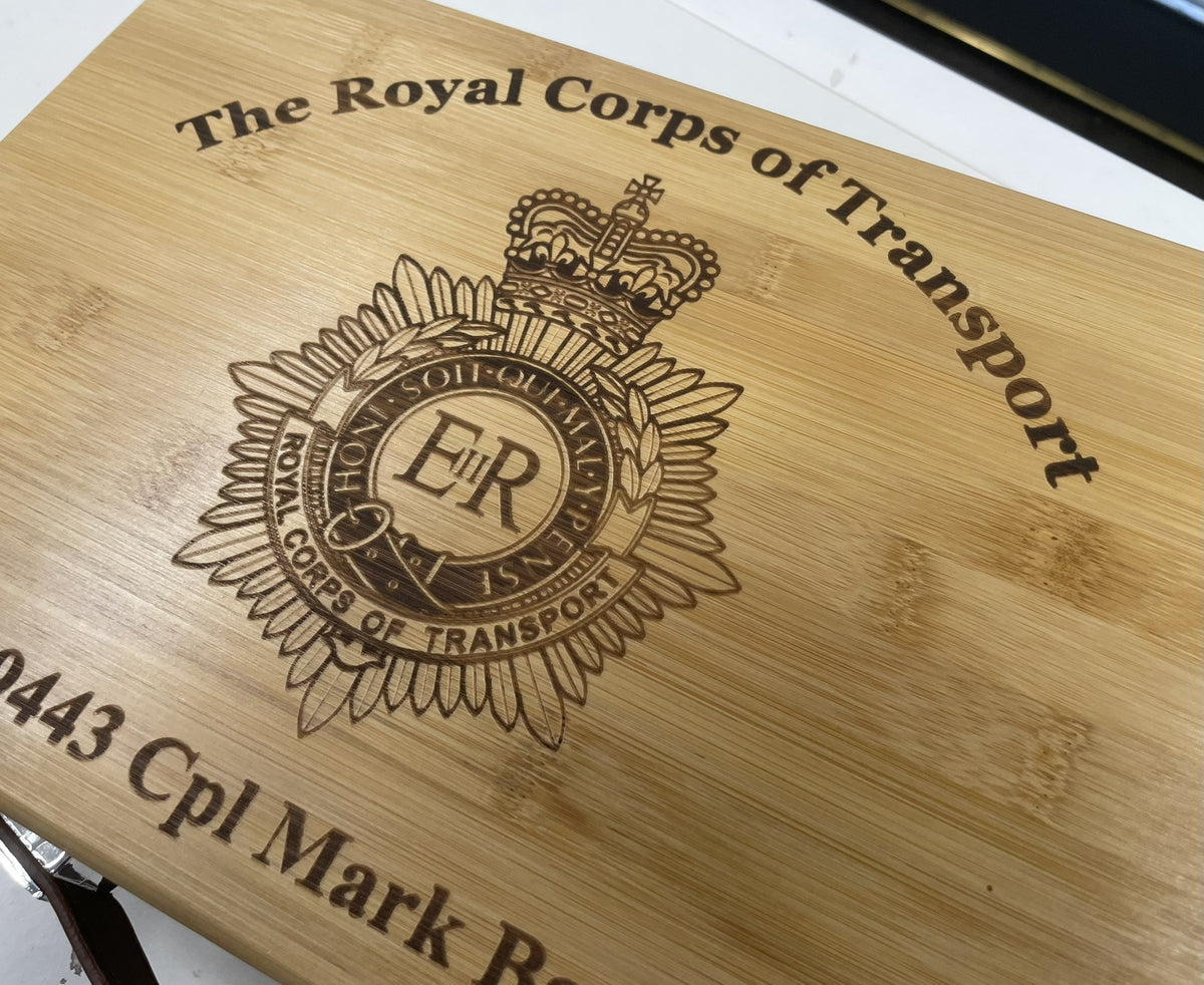 RCT engraved personalised medal and memorabila storage box.