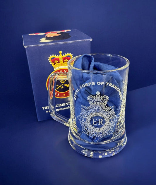 RCT, Corps of Transport engraved beer glass and gifts.