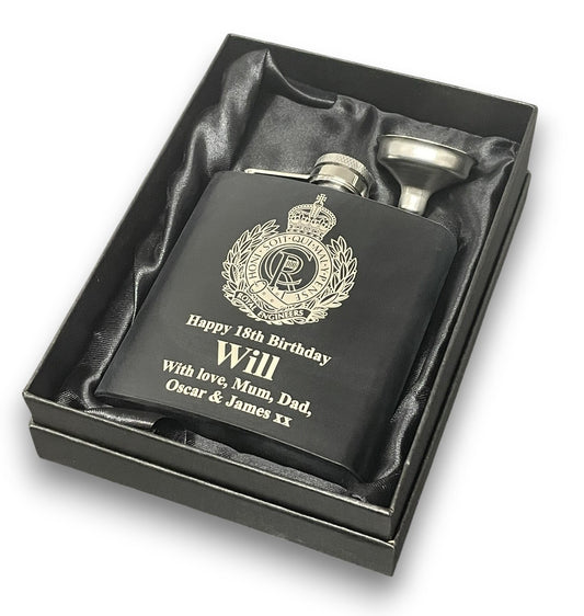 Royal Egineers personalised engraved hip flask gifts.