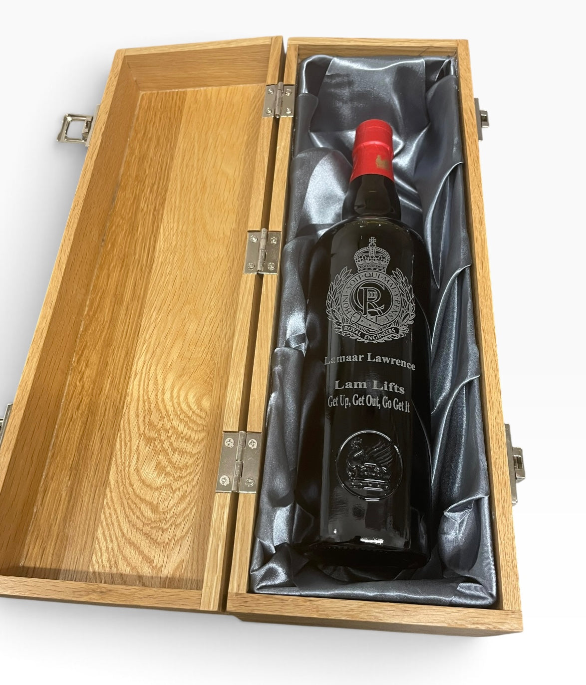 Engraved Bottle and Oak Bottle Box