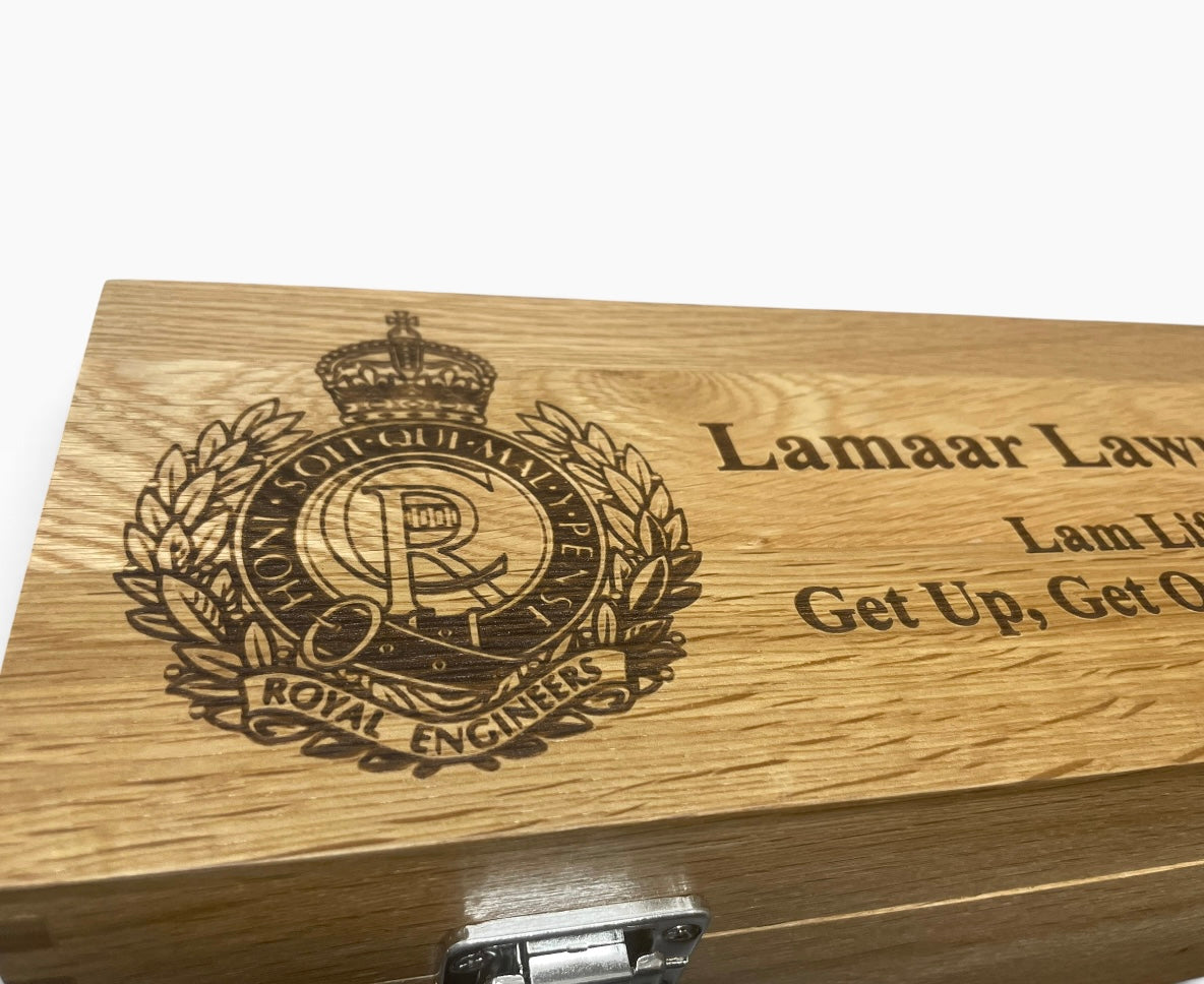 Engraved Royal Engineers oak bottle box.