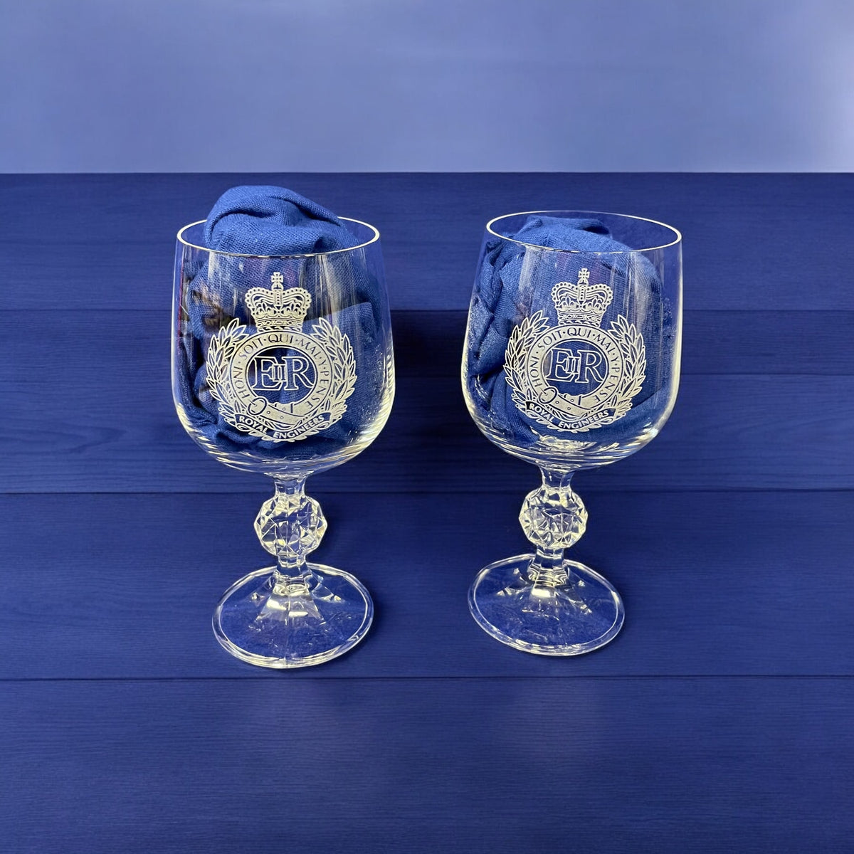 Royal Engineers engraved port and wine glasses.