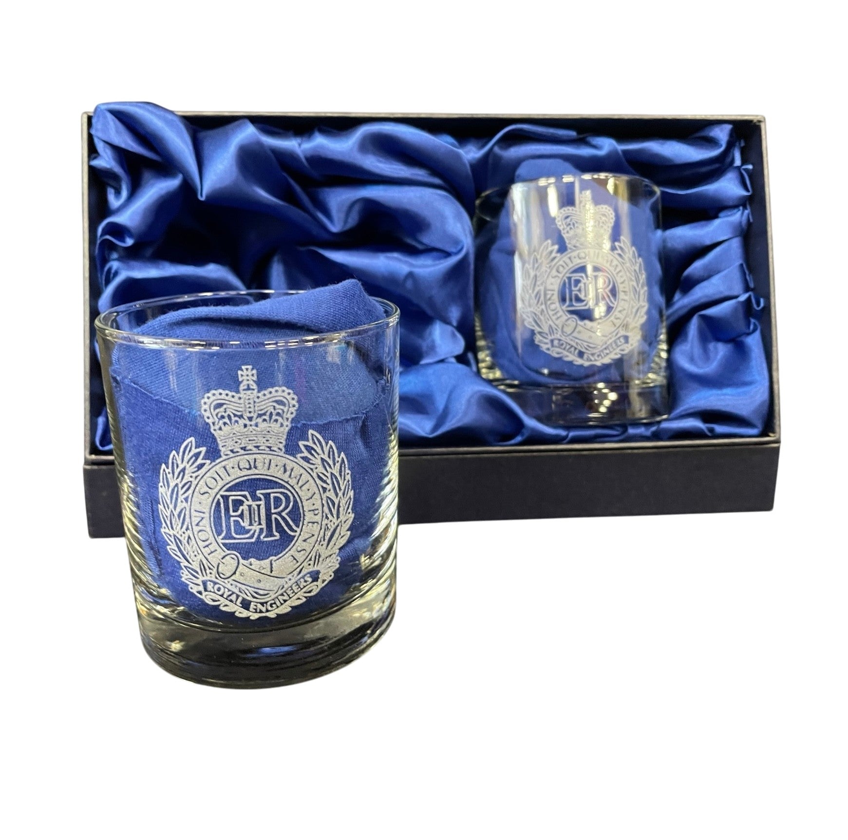 Twin Royal Engineers engraved whisky glasses.