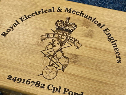 REME engraved personalised medal and memorabila storage box.