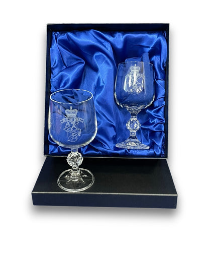 REME engraved post and wine glasses and gifts.