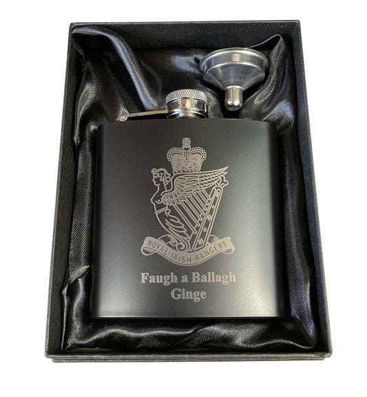 Royal Irish Rangers engraved hip flask.