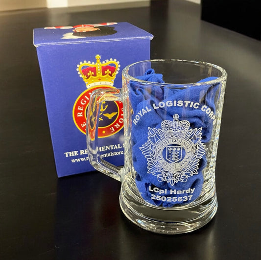 Royal Logistic Corps engraved beer glass and regimental gifts.
