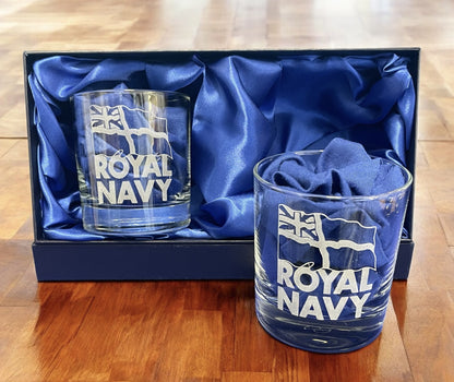 Royal Navy engraved whisky glasses and gift.