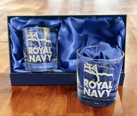 Royal Navy engraved whisky glasses and gift.