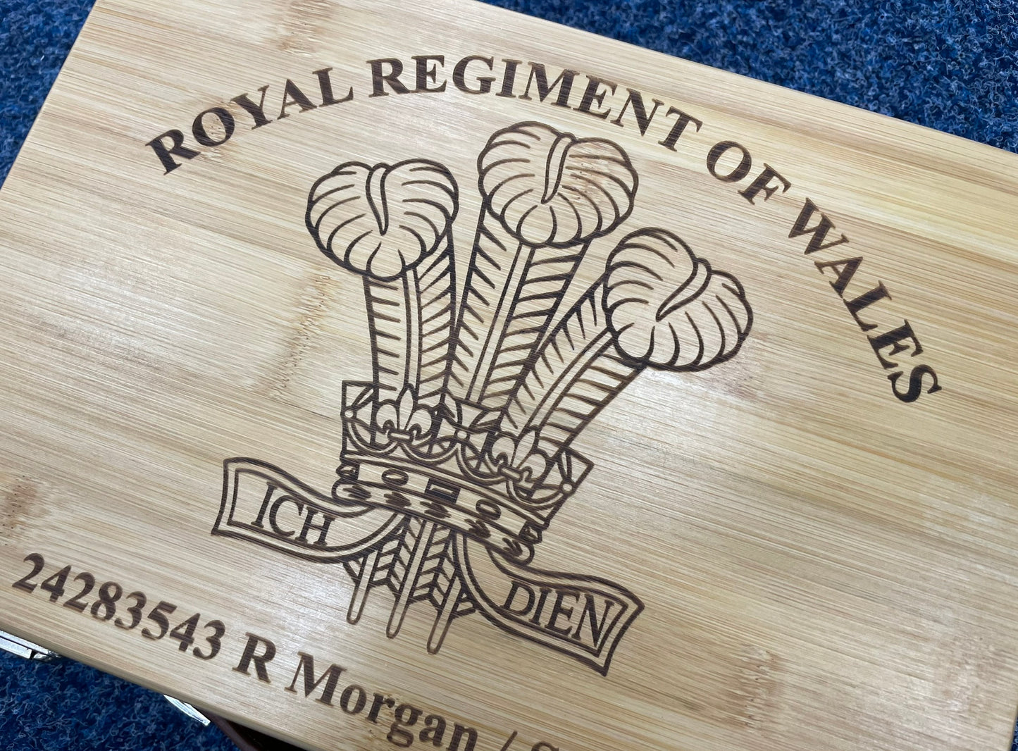 Royal Regt Wales engraved personalised medal and memorabila storage box.