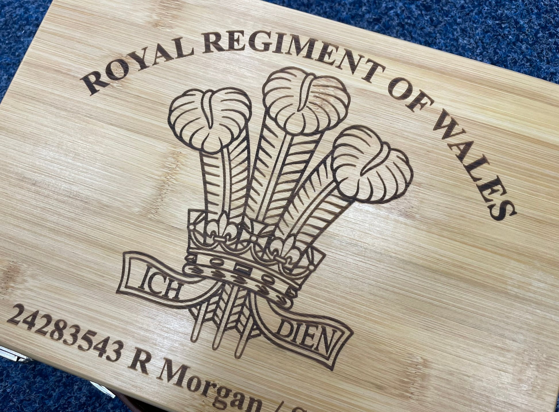 Royal Regt Wales engraved personalised medal and memorabila storage box.
