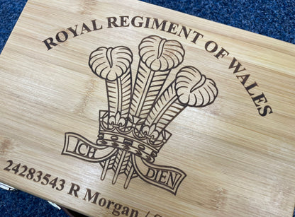 Royal Regt Wales engraved personalised medal and memorabila storage box.