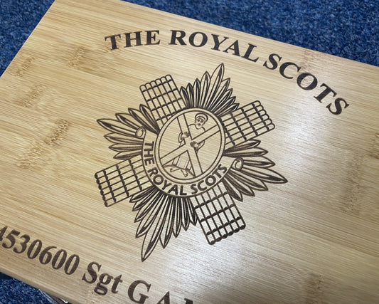 Royal Scots engraved personalised medal and memorabila storage box.