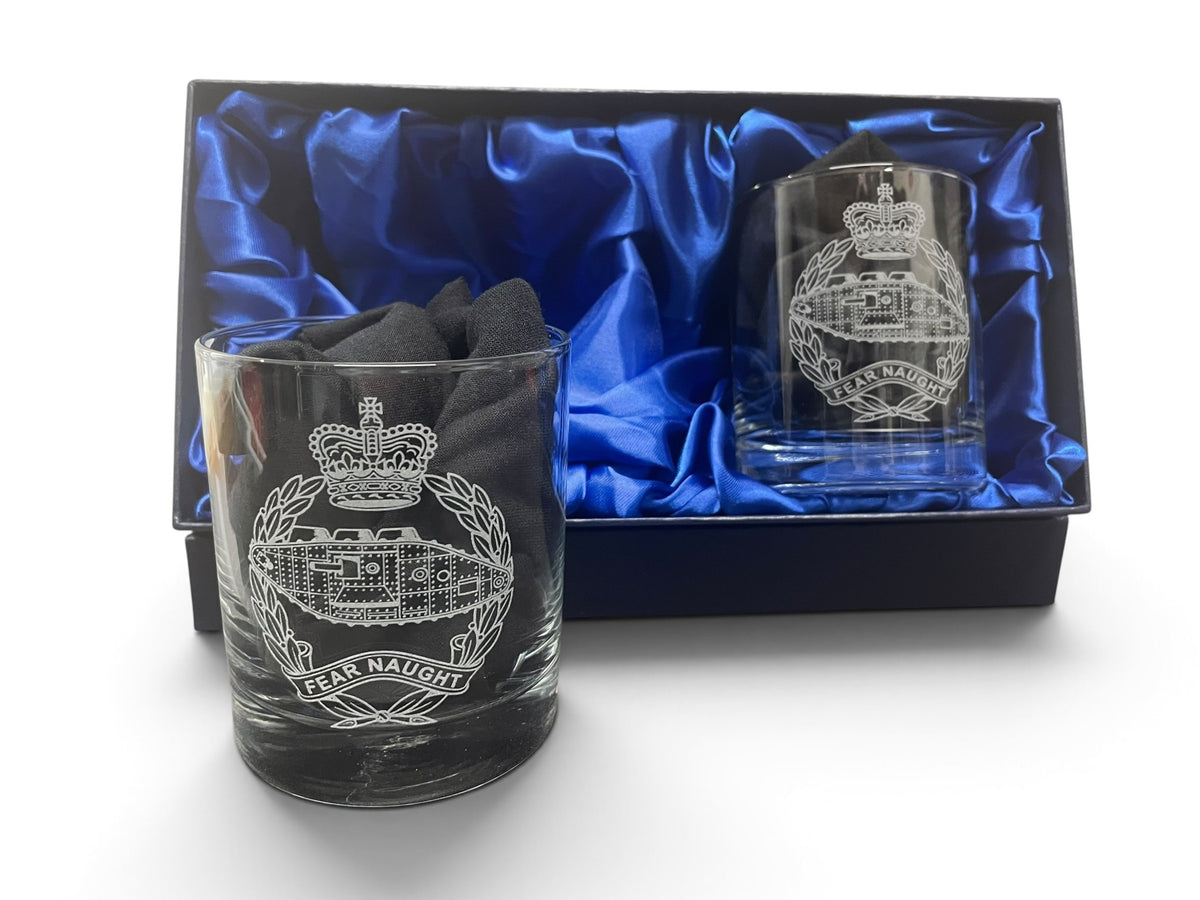 Twin personalised RTR gift whisky glasses.