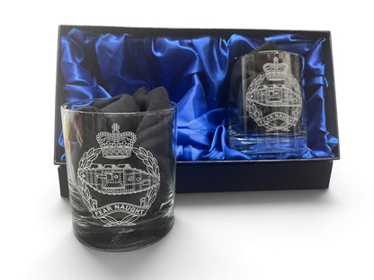 Twin personalised RTR gift whisky glasses.