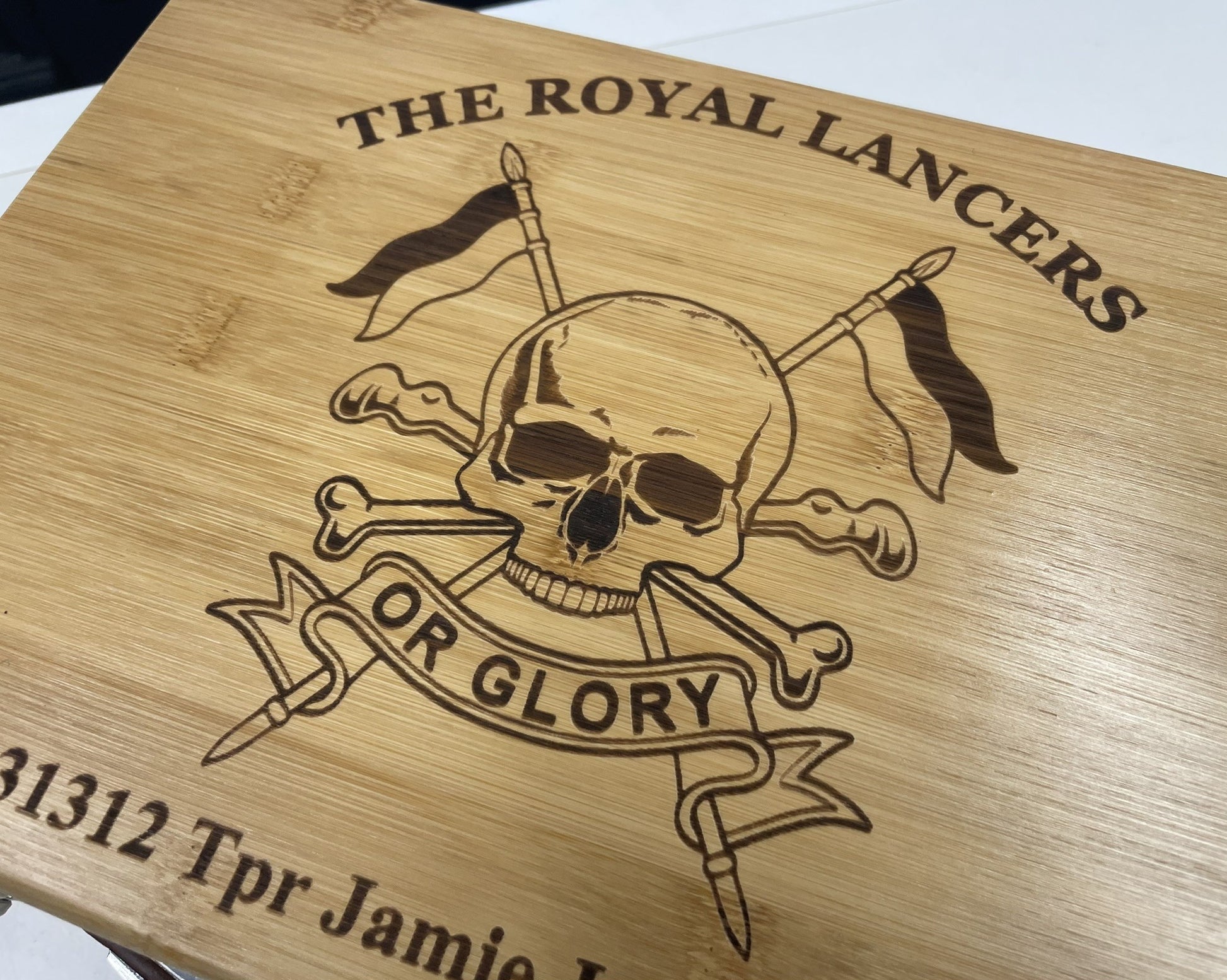 Royal Lancers personalised engraved medal and memorabila storage box.