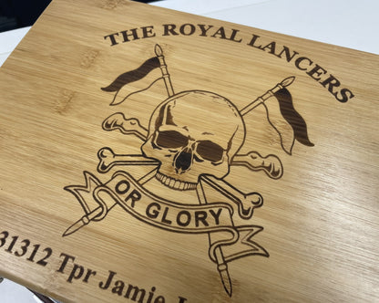 Royal Lancers personalised engraved medal and memorabila storage box.