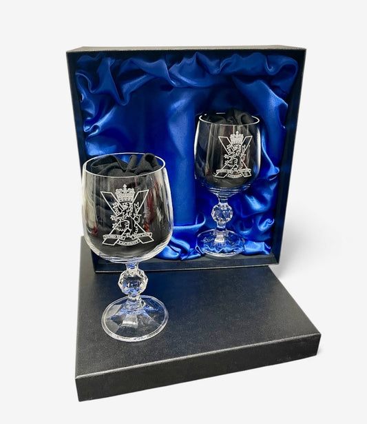 SCOTS engraved port and wine glasses.