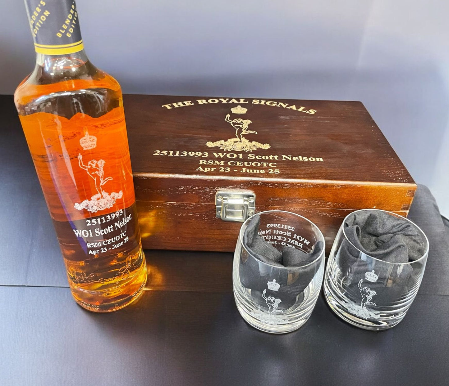 Presentation Gfts for UK Military - Egraved whisky bottle and glasses.